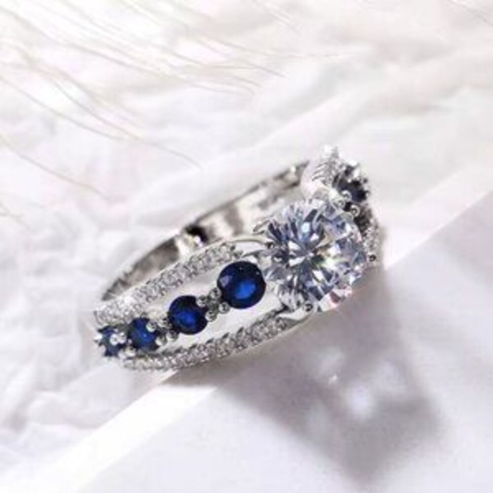 NEW 14k White Gold Blue Sapphire Diamond Ring Oval Cut Ring